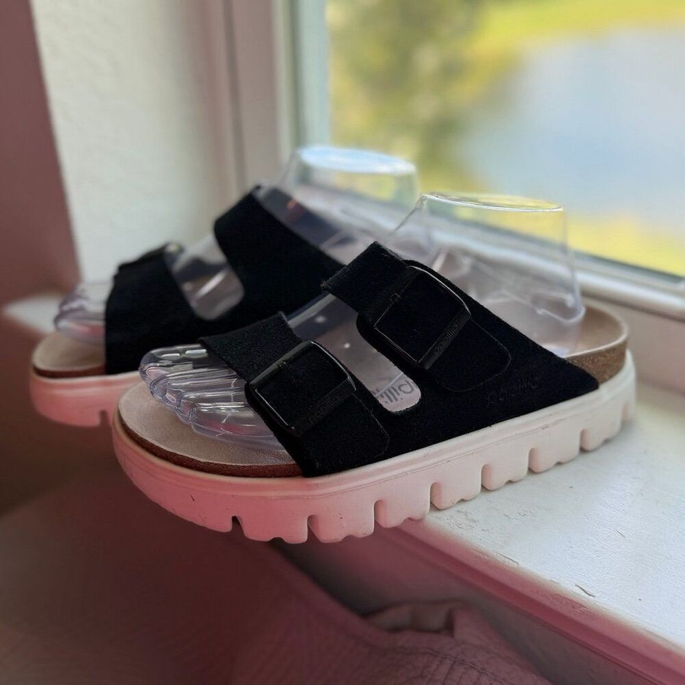 Papillio by Birkenstock Arizona Chunky Suede Black Platform Sandals Size 38